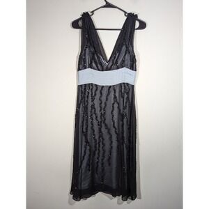 BCBGMaxAzria Womens Baby Blue Black Silk V-Neck Dress Sz 4 Cocktail Babydoll